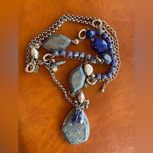Long Necklace Statement Mixed Blue Lapis Like Silver Wood Rhinestones Chicos 21”